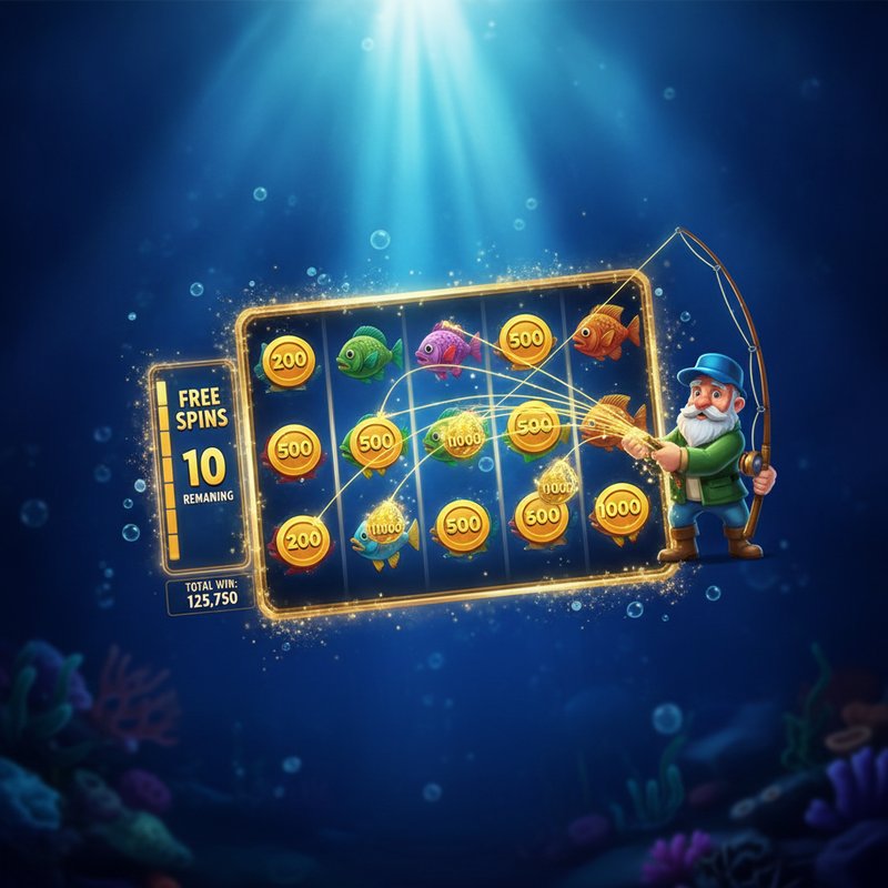Fishin Frenzy free spins round with fisherman wild catching fish prize values on screen