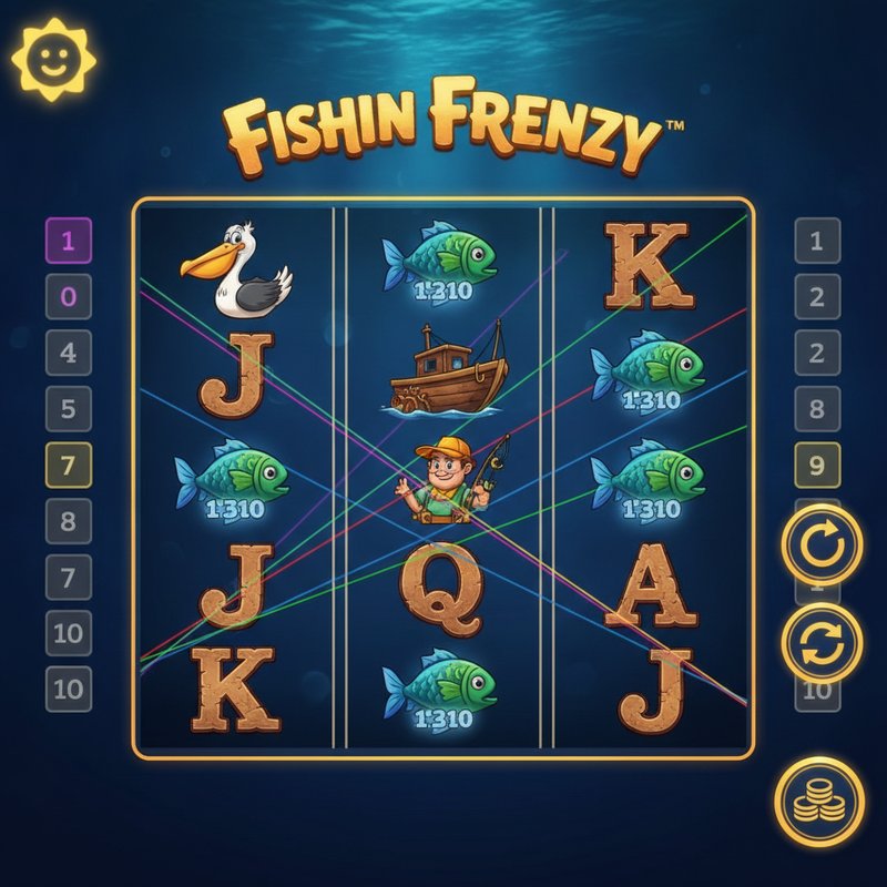 Fishin Frenzy gameplay showing active coloured paylines across the 5-reel grid