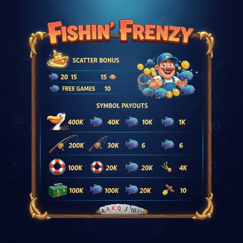 Fishin Frenzy paytable showing pelican, fishing rod, life preserver and tackle box symbol payouts